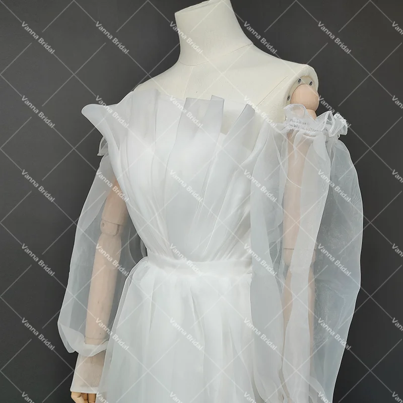 Vestido de novia de manga larga con cuello de Organza festoneado, vestido de novia de princesa sin espalda, hecho a medida, talla grande, hombros descubiertos, barato