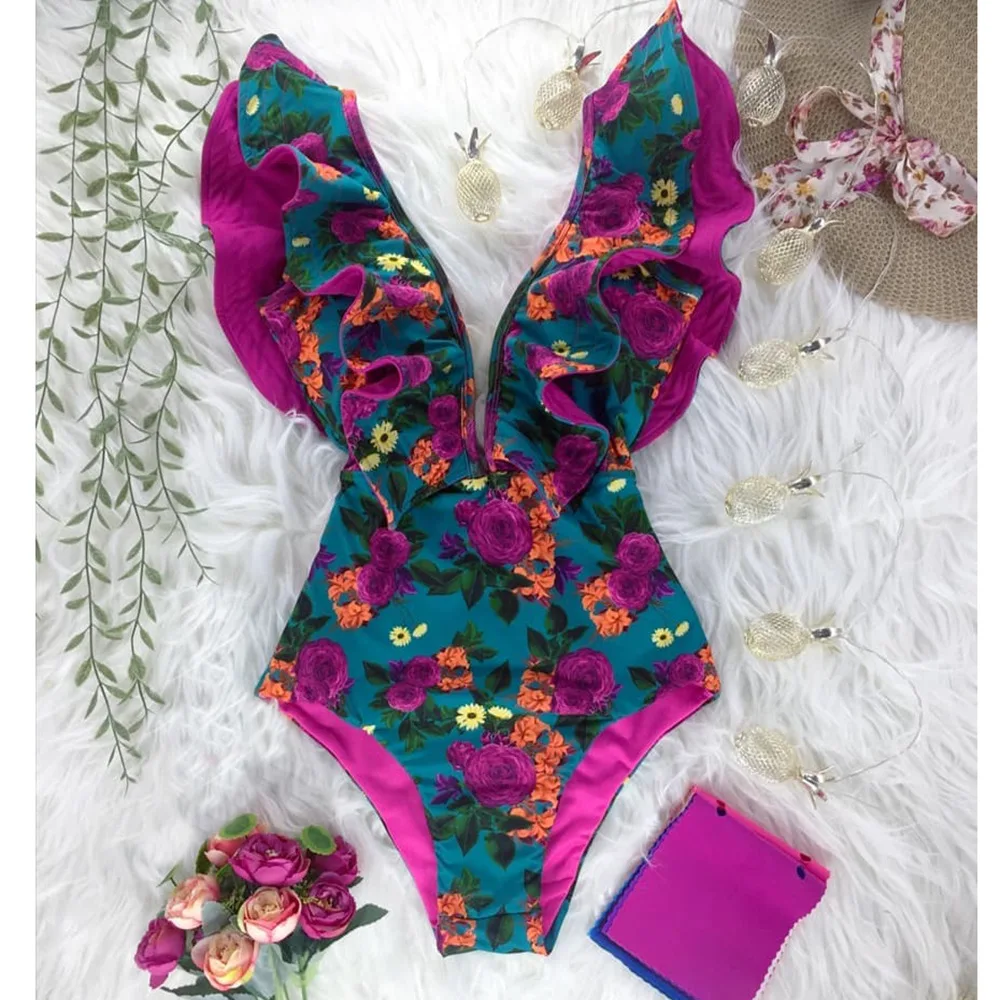 Floral Ruffled Sleeve Bodysuit for Girls, Deep V-Neck, High-Waisted Bodysuit, Beach Bathing Suit, Swimwear, New Arrival, 2024