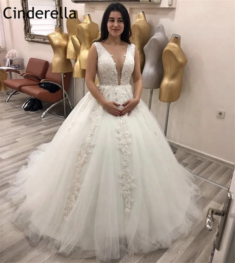 Vestido de noiva sem mangas com aplique nas costas, vestido de baile de princesa com apliques florais