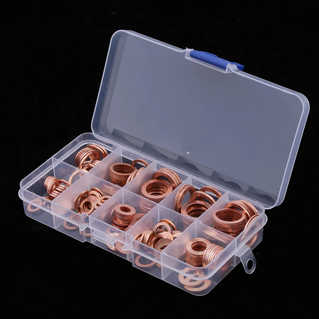 200Pcs Copper Washer Gasket Nut Bolt Set Flat Seal Sealing O ring Solid Gasket Assortment Kit Car Engine Oil Gasket Sump Plug