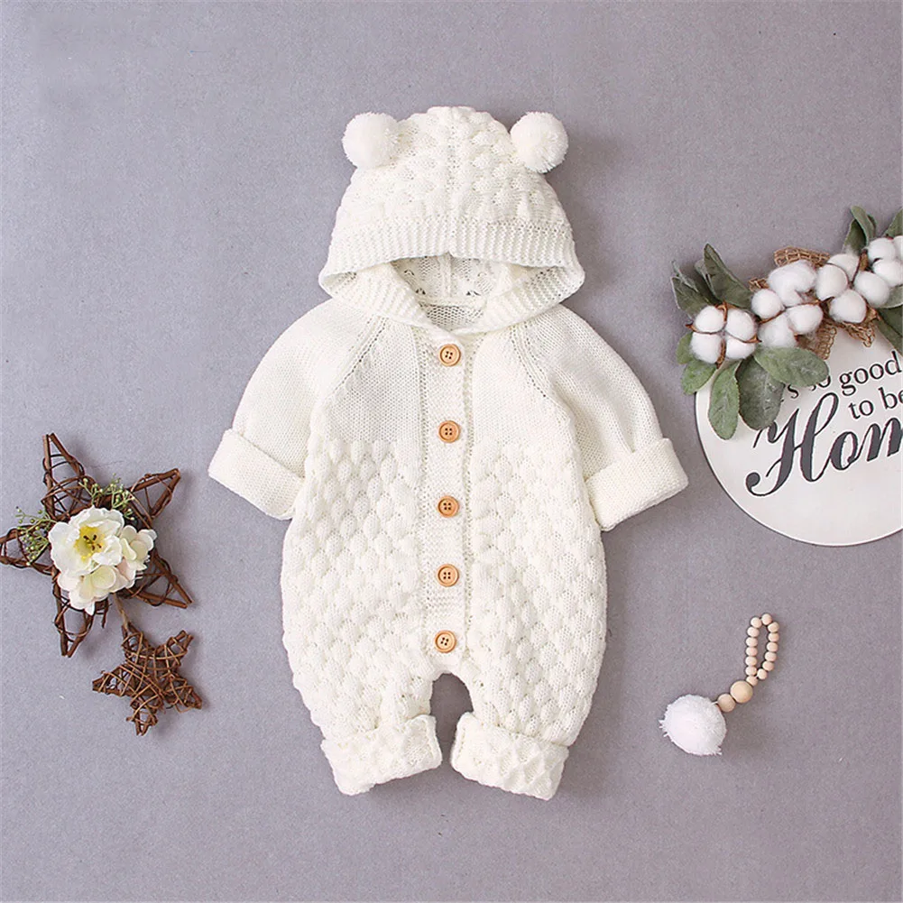 Baby Girls Bear Ear Knit Romper Boys Hooded Newborn Sweater Kids Jumpsuit Babys Outfit Autumn Winter