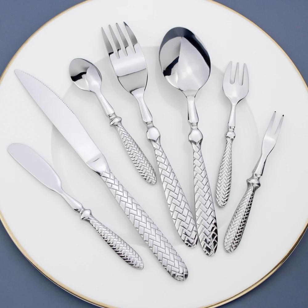 LUCF Royal Luxury Woven Pattern Handle Mirror Stainless Steel Dinnerware Elegant Cutlery Delicate Tableware For Kitchen Hotel