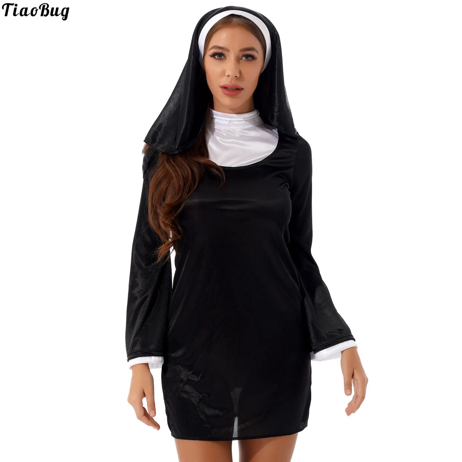 TiaoBug Lady Women Nun Cosplay Costume Role Play Halloween Carnival Stage Outfit High Neck Flare Sleeve Dress With Headscarf