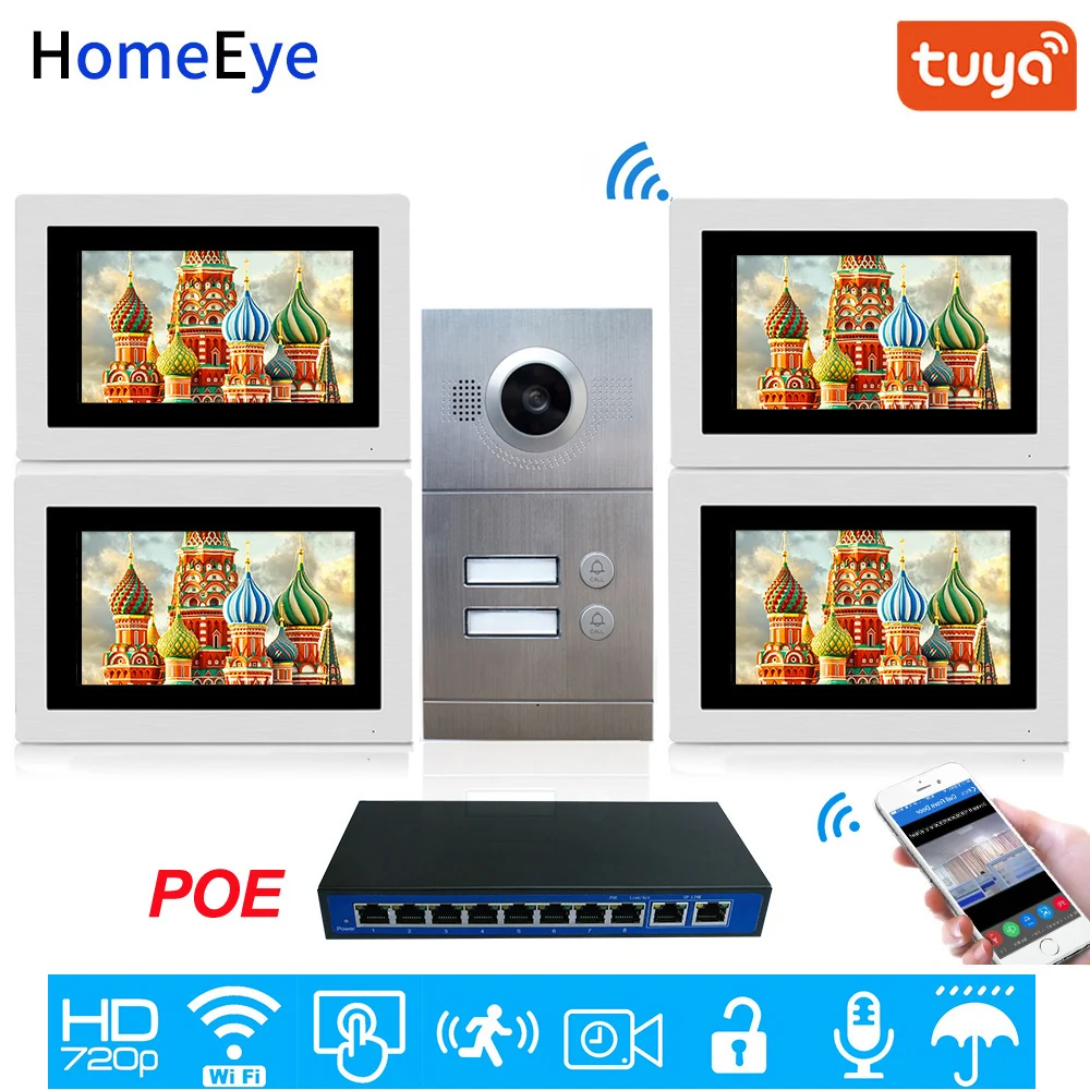 

720P HD WiFi IP Video Door Phone Video Intercom 2-Apartments Door Access Control System Free iOS/Android APP Remote Unlock POE