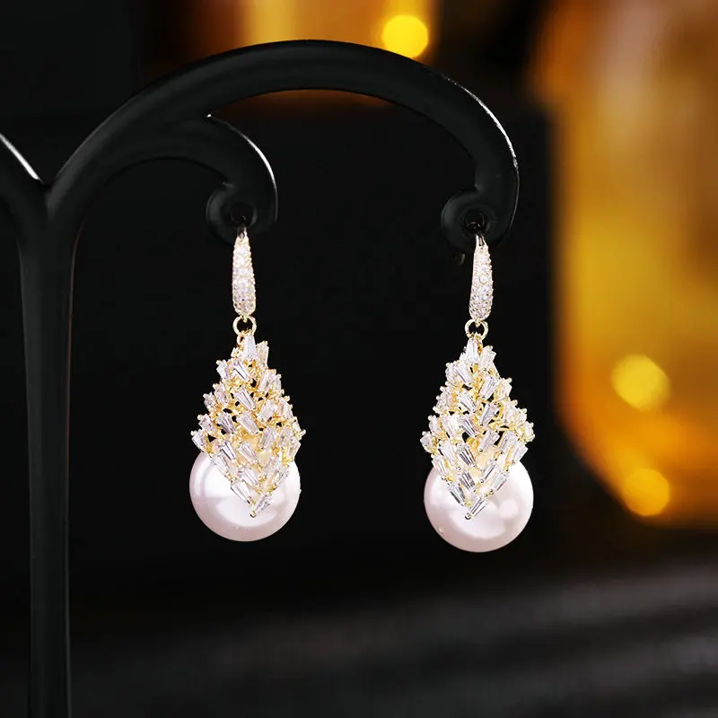 SINZRY luxury party jewelry accesory fashoin simulated pearl zircon bling dangle earrings for women