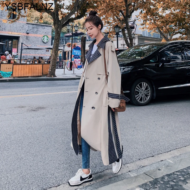 2023 Female Windbreaker Autumn Fashion Womens Trench Coats England Style Plaid Long Sleeve Slim Lapel Long Length With Belt New