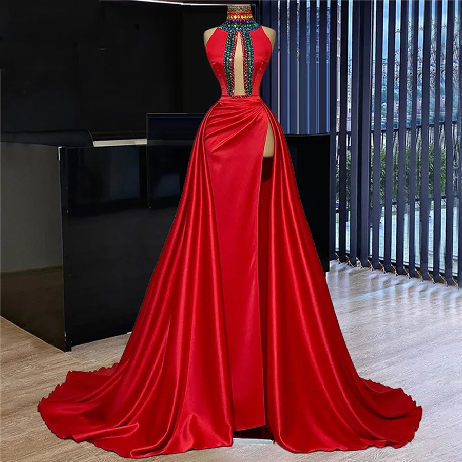 Sexy vermelho alta divisão vestidos de noite pescoço alto frisado oco frente a linha vestidos de baile trem varredura robe de soiree vestido de festa