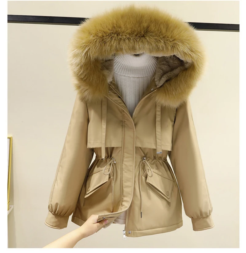 Cotton Padded Plus Size 2XL Winter Big Fur Jacket Women Loose Slim Warm Hooded Parka Coat Down jacket