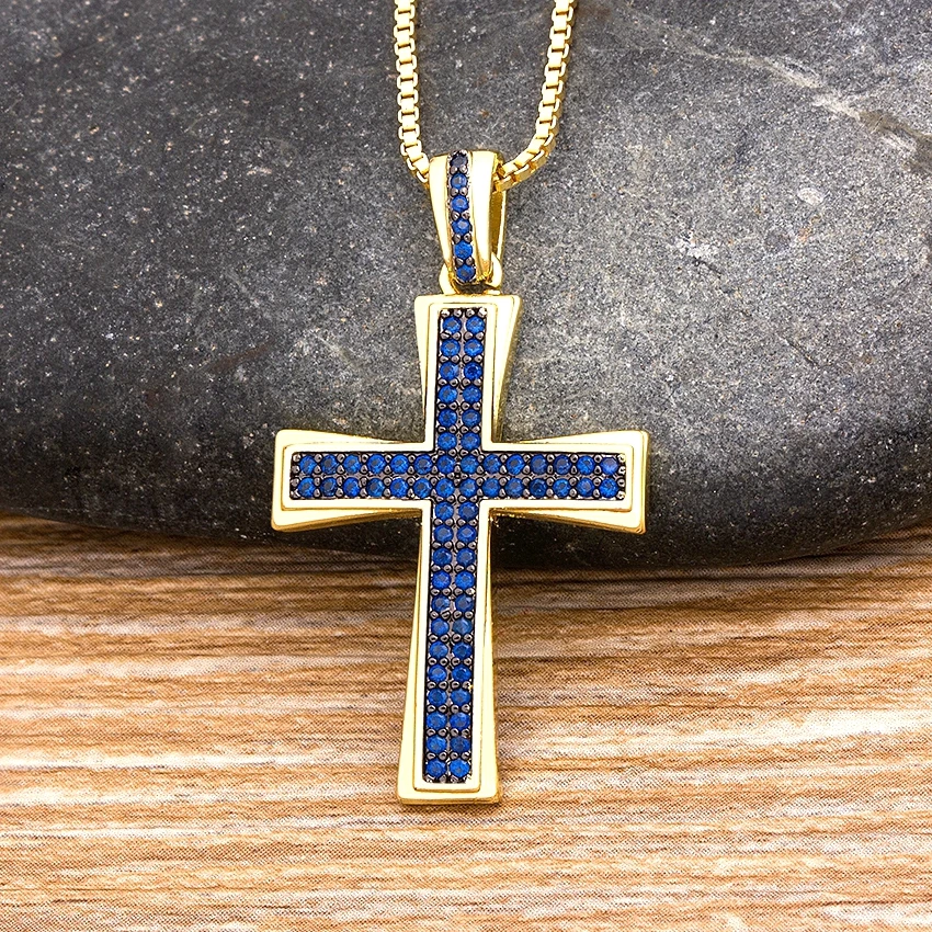 Nidin New Design Cross Blue Crystal Pendant Chain Necklace Copper Cubic Zircon Choker 4 Colors Choice Religion Jewelry Gifts