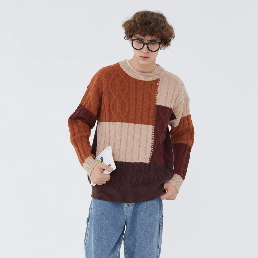 

Color Block Plaid Vintage Clothes Knitted Retro Sweater Harajuku Nice Men Couple Clothes Pull Homme Tops Pullover Sweter