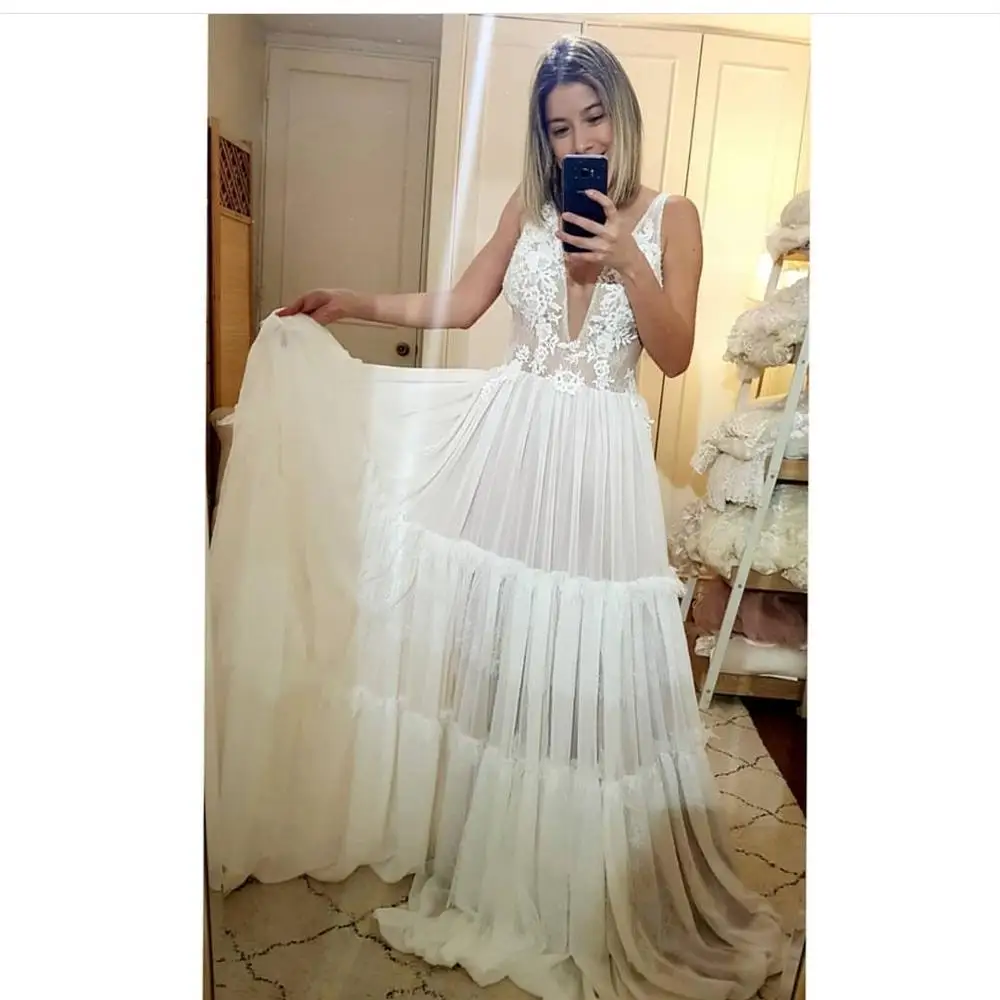 Vestido de casamento sexy boêmio, decote em v profundo, linha A, comprimento do chão, chiffon, vestidos novos, sem mangas, costas baixas, estilo