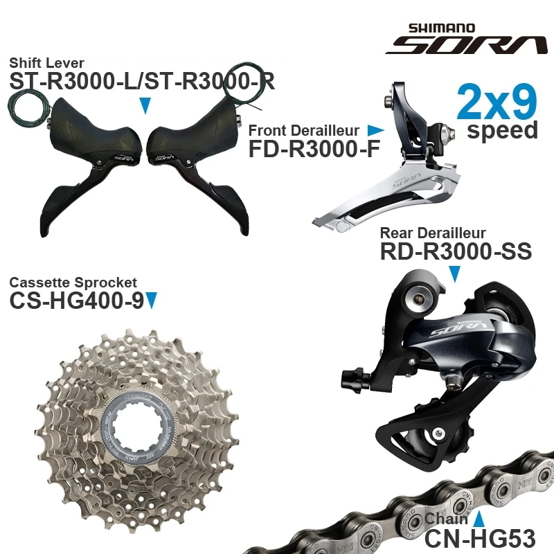 SHIMANO SORA R3000 2x9v Groupset with Shifter  Front Rear Derailleur Cassette Sprocket COG Chain -Road- 2x9-speed