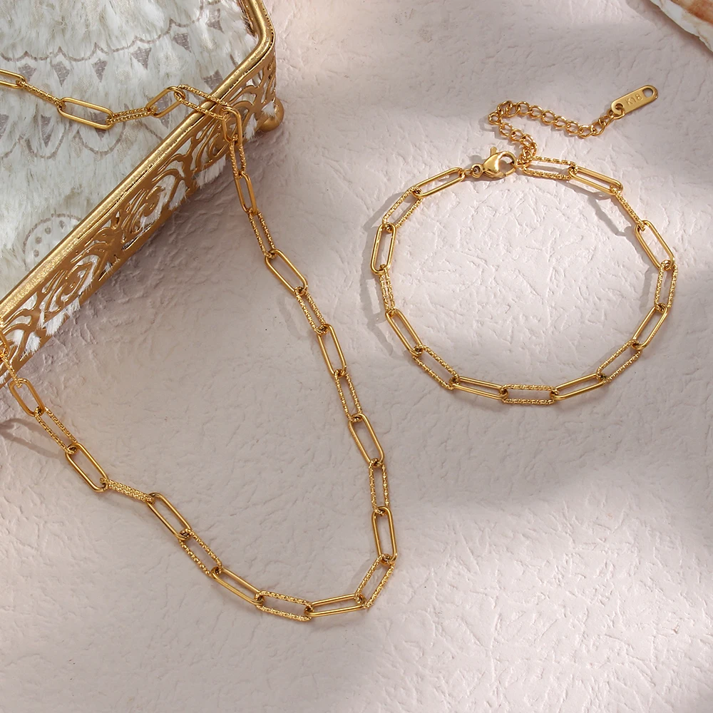2024 New Stylish Hypoallergenic Thin Delicate Paper Clip Link Chain Necklace Bracelet Jewelry Set Stainless Steel Chain Necklace