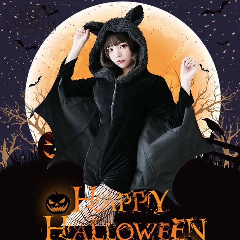 Vampire Bat Cosplay Costumes Masquerade Woman Black Evil Horror Hooded Vampire Bat Sleeve Halloween Christmas New Year Show Cos