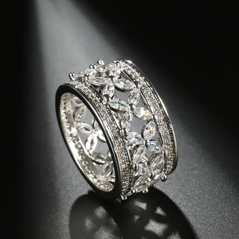 Ekopdee New Vintage Luxury Princess Flower Crystal Zirconia Wide Gold Rings For Women Fashion Female Party Jewelry