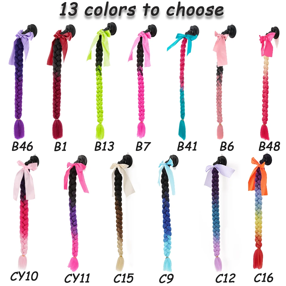 Benehair Helmet Pigtails Gradient Ramp Helmet Braids Ponytail Hair with Suction Cup with Bowknot for Motor Bike 1PCS 20inch