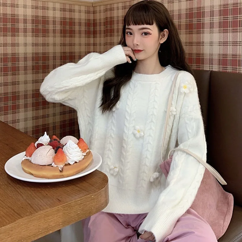 Sweaters Women Knitted Long-sleeve Flowers Sweet Lovely Oversize Girls Pullover Sweater Elegant Fashion All-match Causal Ulzzang