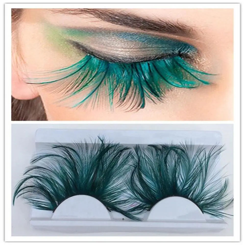 Woman's Fashion Exaggeration  Dark Green Feather Eyelashes Extension 3D Thick Winged  False Eyelashes