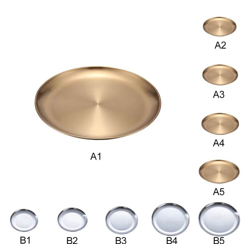 Assiette de rangement ronde en acier inoxydable doré, laiton luxueux, gâteau aux fruits, steak, collation, stockage en métal de cuisine, vente en