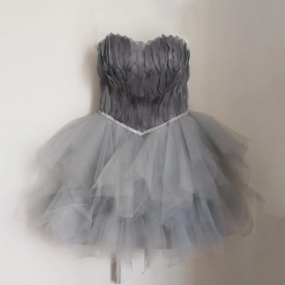 AnXin SH-Vestido corto de princesa con plumas blancas para novia, vestido de novia con plumas blancas, con abalorios de cristal, sin tirantes, para escenario