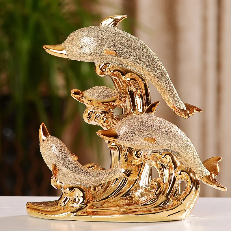 

FASHIONABLE GOLD DOLPHIN CERAMIC HANDICRAFT FURNISHING ARTICLES CREATIVE GOLD-PLATED DOLPHIN FAMILY