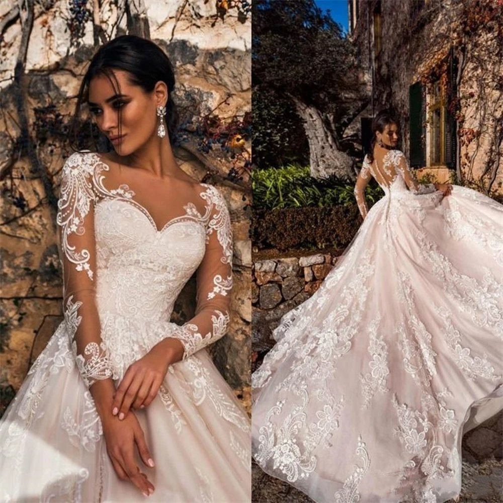 Venda quente elegante a linha vestidos de casamento rendas querida longo ilusão mangas varredura trem vestido de casamento vestidos de noiva de