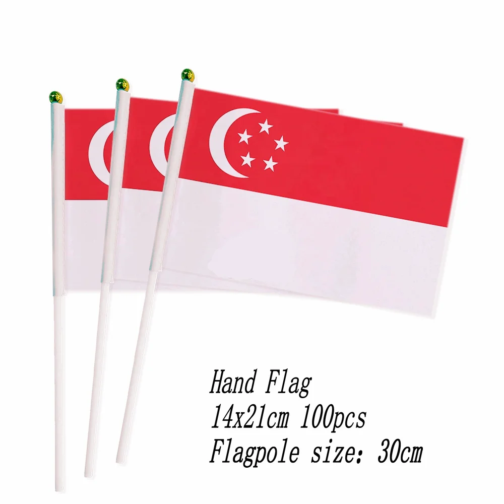 Singapore Hand Flag 14*21cm 10/20/50/100pcs polyester Singapore Small Hand waving Flag with plastic flagpole for decor