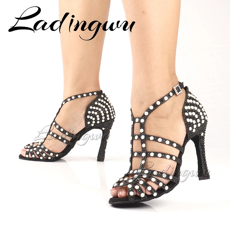 Ladingwu Pearl Rhinestones Latin Dance Shoes Women  Bachata Salsa Latin Dancing Shoes for Girls Professional Training Shoes