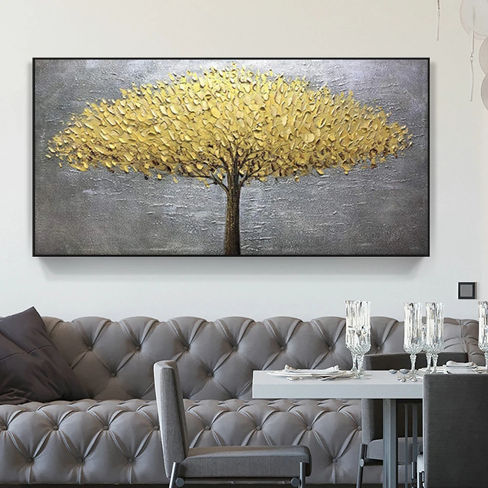 

Horizontal Abstract 3D Golden Tree Painting on Canvas Handmade Wall Art Palette Knife Painting for Living Room, Bedroom Decor