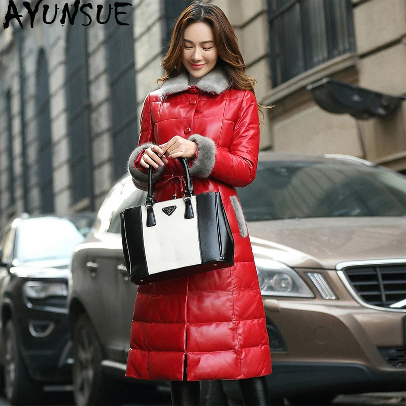 

AYUNSUE 2020 Real Leather Jacket Winter Coat Women Mink Fur Collar Down Jacket Women Genuine Sheepskin Coat Chaqueta Mujer 16830