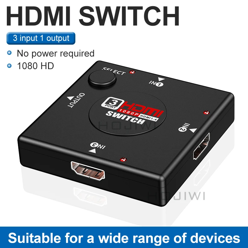 

HOJIWI 3 input 1 Output Mini 3 Port HDMI Switch HDMI-compatible Splitter Box Selector for DVD HDTV Xbox PS3 PS4 1080P VIdeo AC05