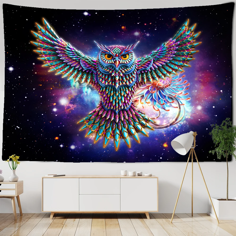 TAPIZ de búho psicodélico colorido para colgar en la pared, arte bohemio Hippie, TAPIZ de ciencia ficción, brujería, decoración del hogar para