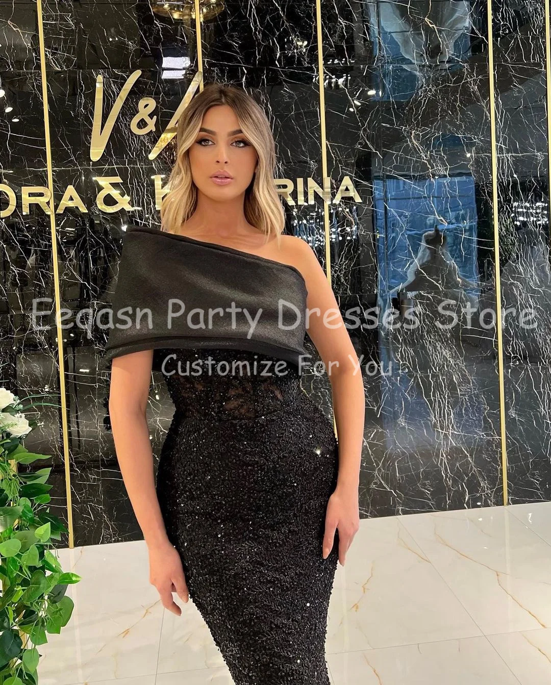 Eeqasn-vestido de noche de encaje negro de sirena para mujer, un hombro, Organza, lentejuelas, vestidos de fiesta de graduación, vestidos formales hechos a medida