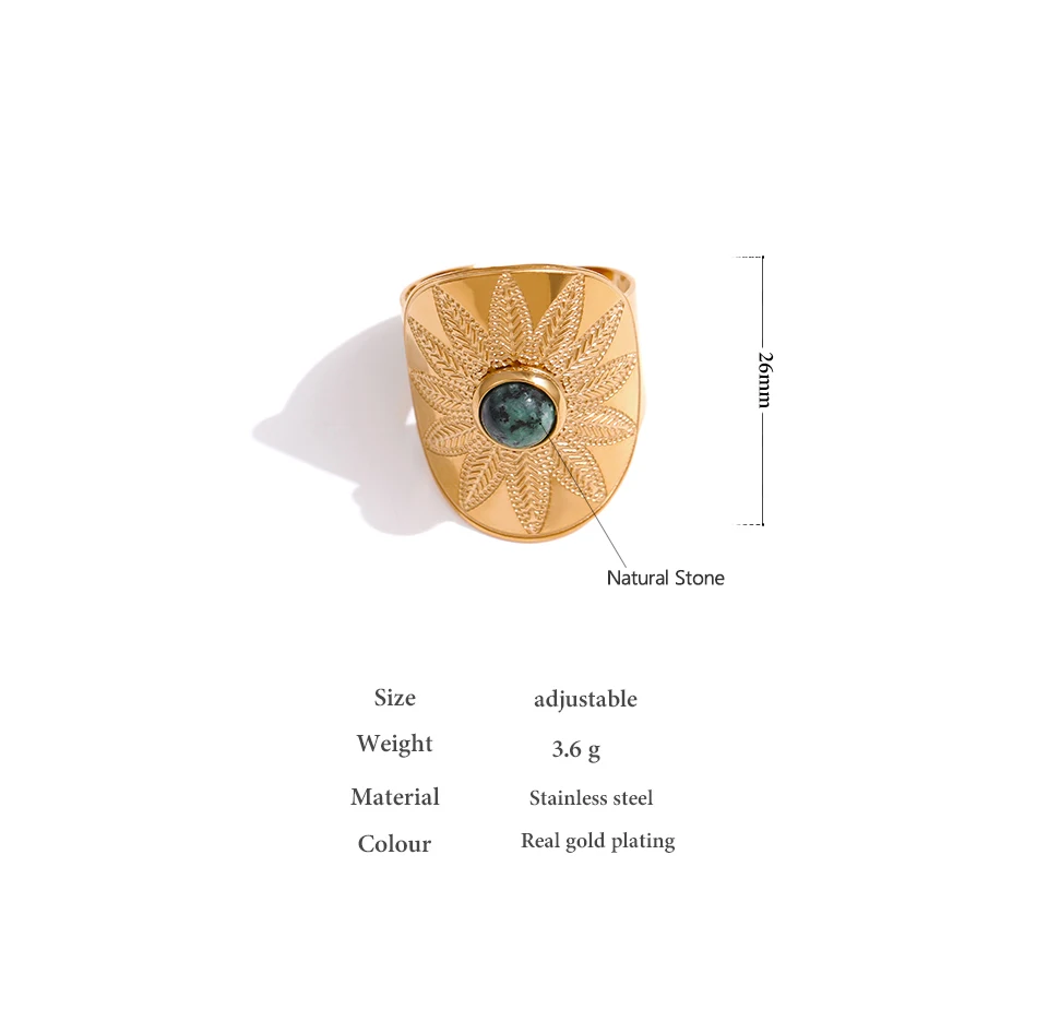 Yhpup Stainless Steel Green Natural Turquoise Opening Ring Statement Golden 18 K Plated Ring bague acier inoxydable Gift New