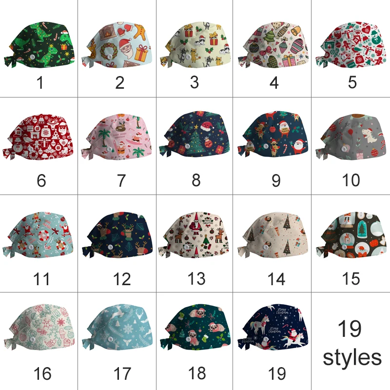 Unisex Scrubs Cap Cotton Adjustable  Doctor Hat Nurse Bouffant Hat Cartoon Christmas Print Beauty Salon Nursing Women Work Caps