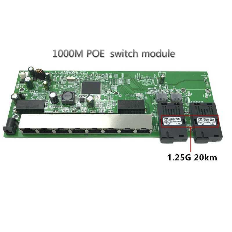 Odwrócić PoE 10/100/1000M Gigabit włącznik Ethernet światłowodowy tryb pojedynczy 8 RJ45 i 2 włókna SC Motherboard1.25G 20KM