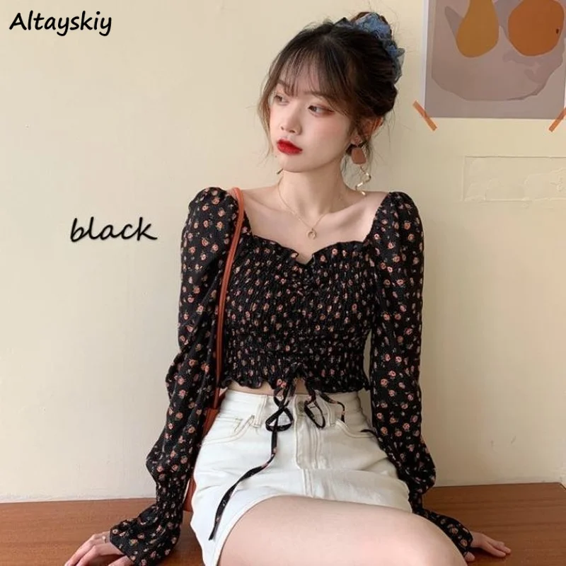 Blouses Women Elegant Square Collar Shirring Cropped Sexy Bodycon 3 Colors Ulzzang Floral Party Casual Fashion Ladies Sweet New