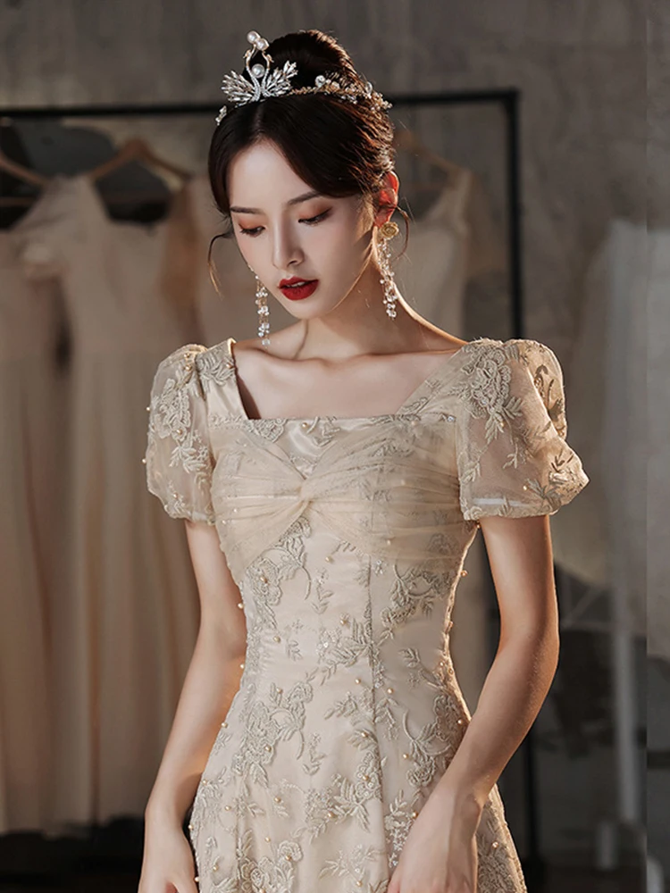 hampagne Embroidery Formal Evening Dresses Fashion Square Collar Short Sleeve Long Party Gown A-Line Women's Banquet Dresses