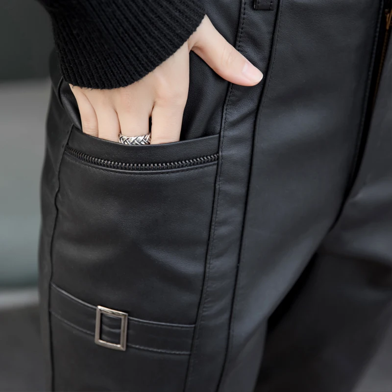 New Plus Size S-4XL Women Slim Real Leather Buckle Quality Cowhide Motorcycle Trousers High Waist Full Length Pencil Pants