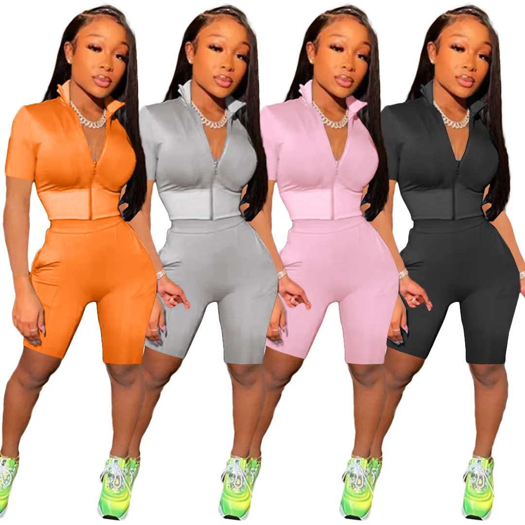 

2021 Women Fashion Casual 2 piece sets womens outfits Solid Color Turn-down Collar Long Sleeve Tops and biker Shorts