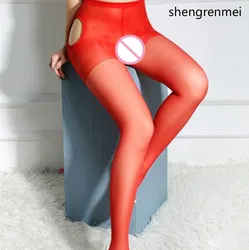Shengrenmei-pantimedias De entrepierna abierta para Mujer, Medias De seda De talla grande, lencería blanca y roja