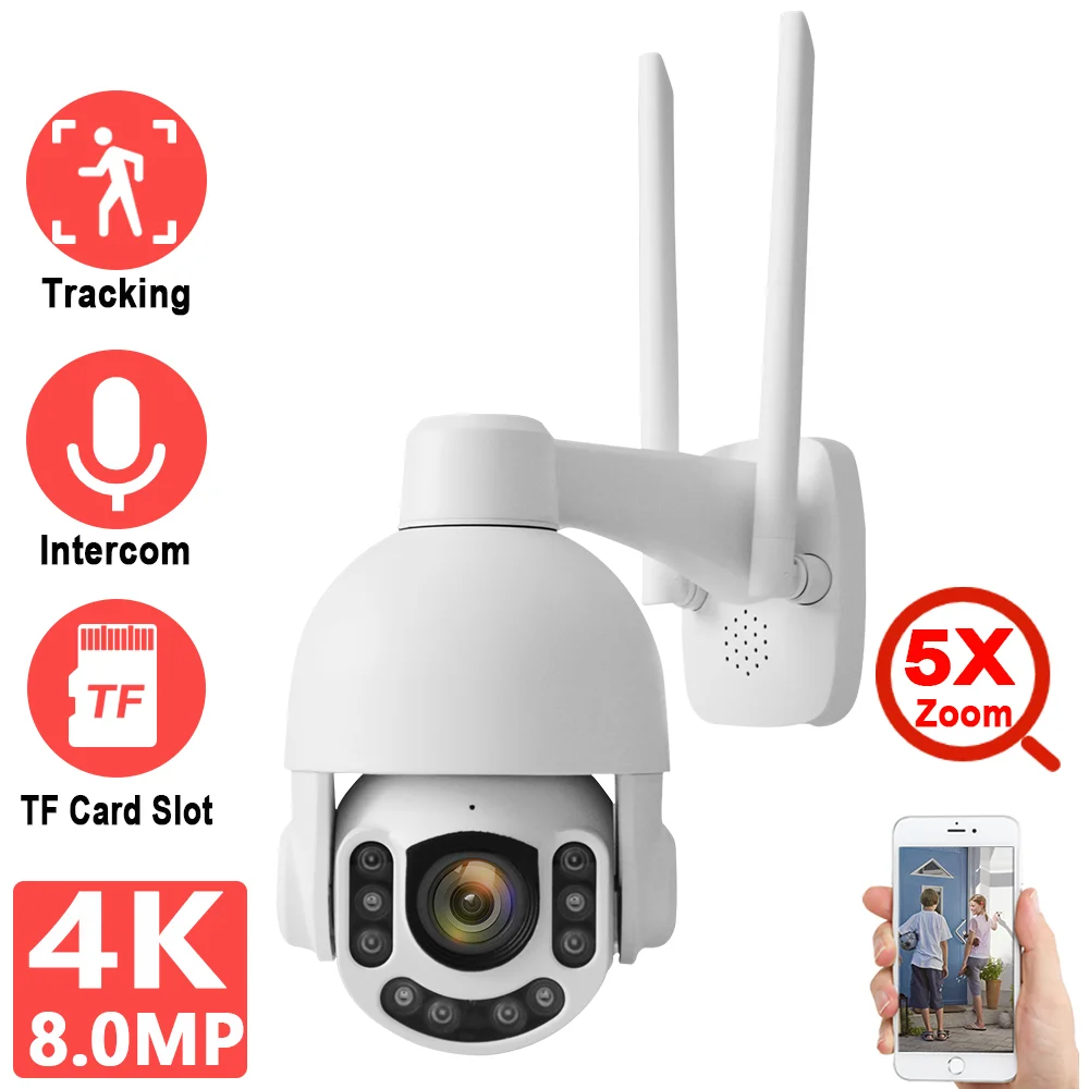 

SONY Sensor 5MP/8MP WIFI PTZ Camera 5X Optical Zoom Auto-Tracking Intercom TF Card Slot Full Metal Housing IP66 CamHipro APP