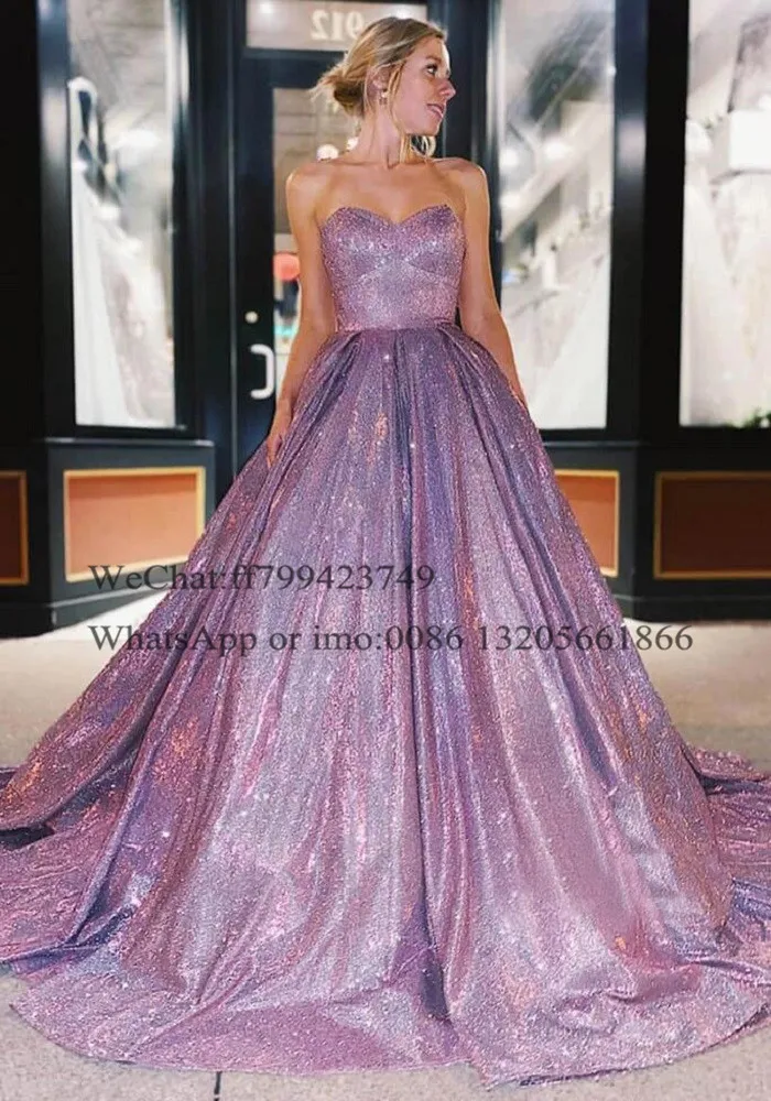 Princess Strapless A Line Prom Dresses 2021 Bling Sequin Backless Sweetheart Lilac платье Long Evening Dress Party For Women