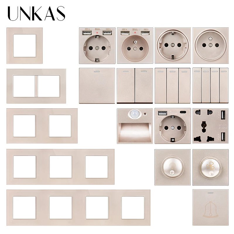 

UNKAS Gold Glass Panel DIY Free Combination French EU Dual USB 1 2 3 4 Gang 1/2 Way On/Off Push Button Switch 5 Hole Type C