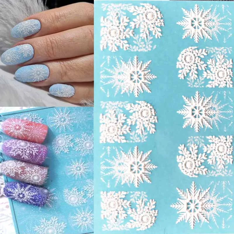 

3D Acrylic Engraved Nail Sticker Winter white &mixcolor snow desgin Water Decals Empaistic Nail Water Slide Decals Z0251