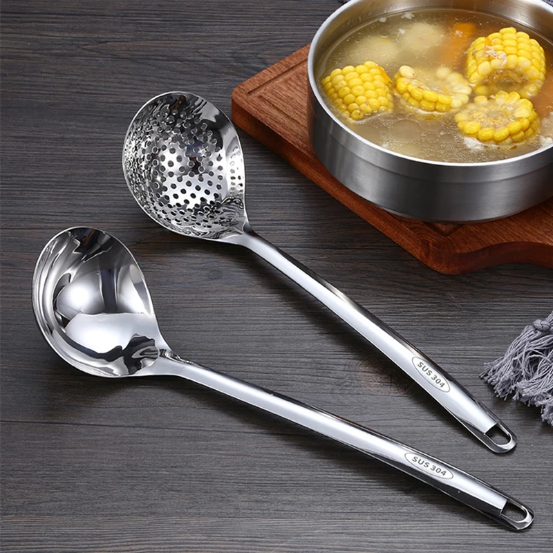 304 Stainless Steel Soup Rice Ramen Dinnerware Colander Kitchen Tableware Long Handle Ladle Public Dining Spoons Cooking Utensil