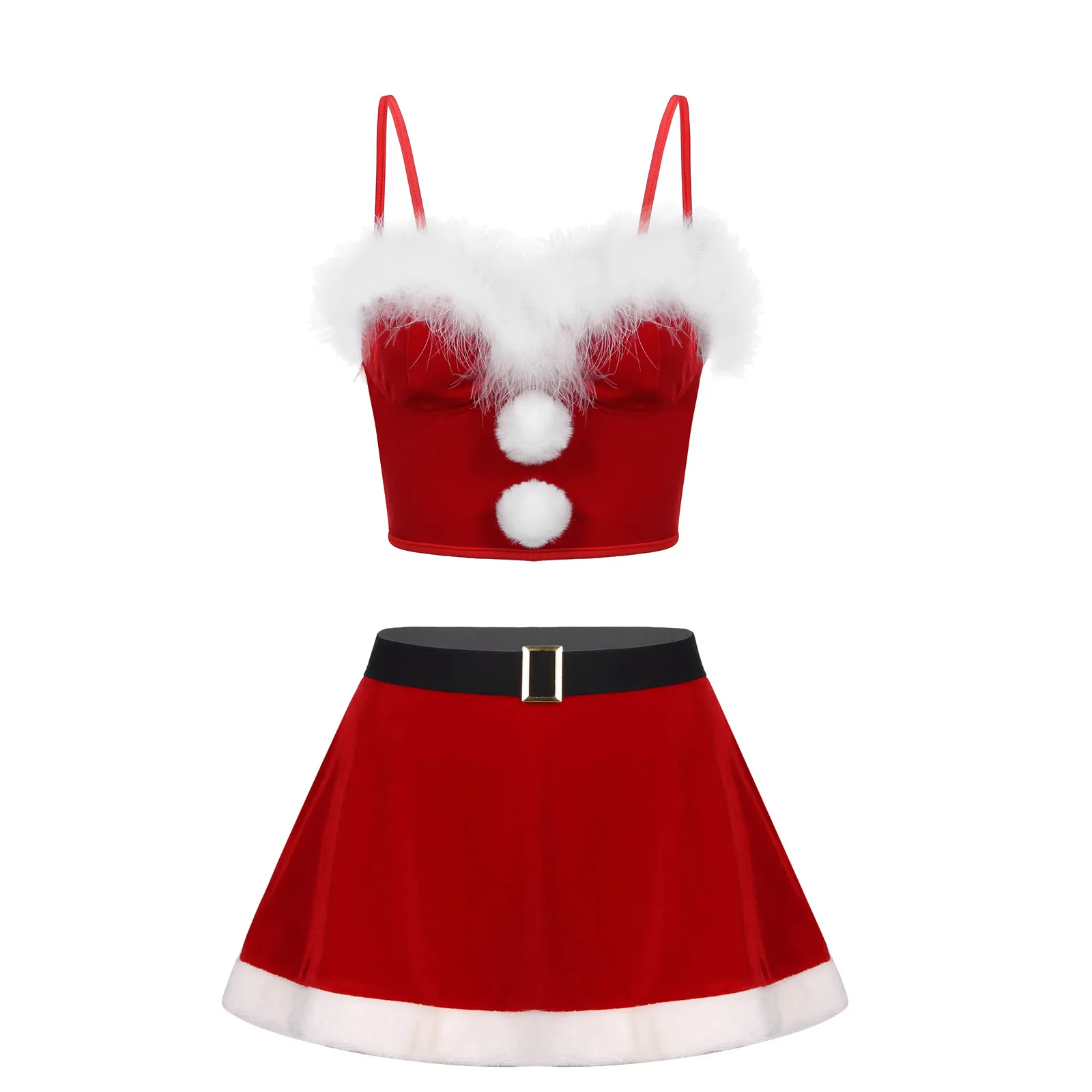 Women Christmas Flannel Outfits Fancy Ball Costume Faux Fur Trimming Fluffy Ball Decor Crop Top With Elastic Waistband Miniskirt