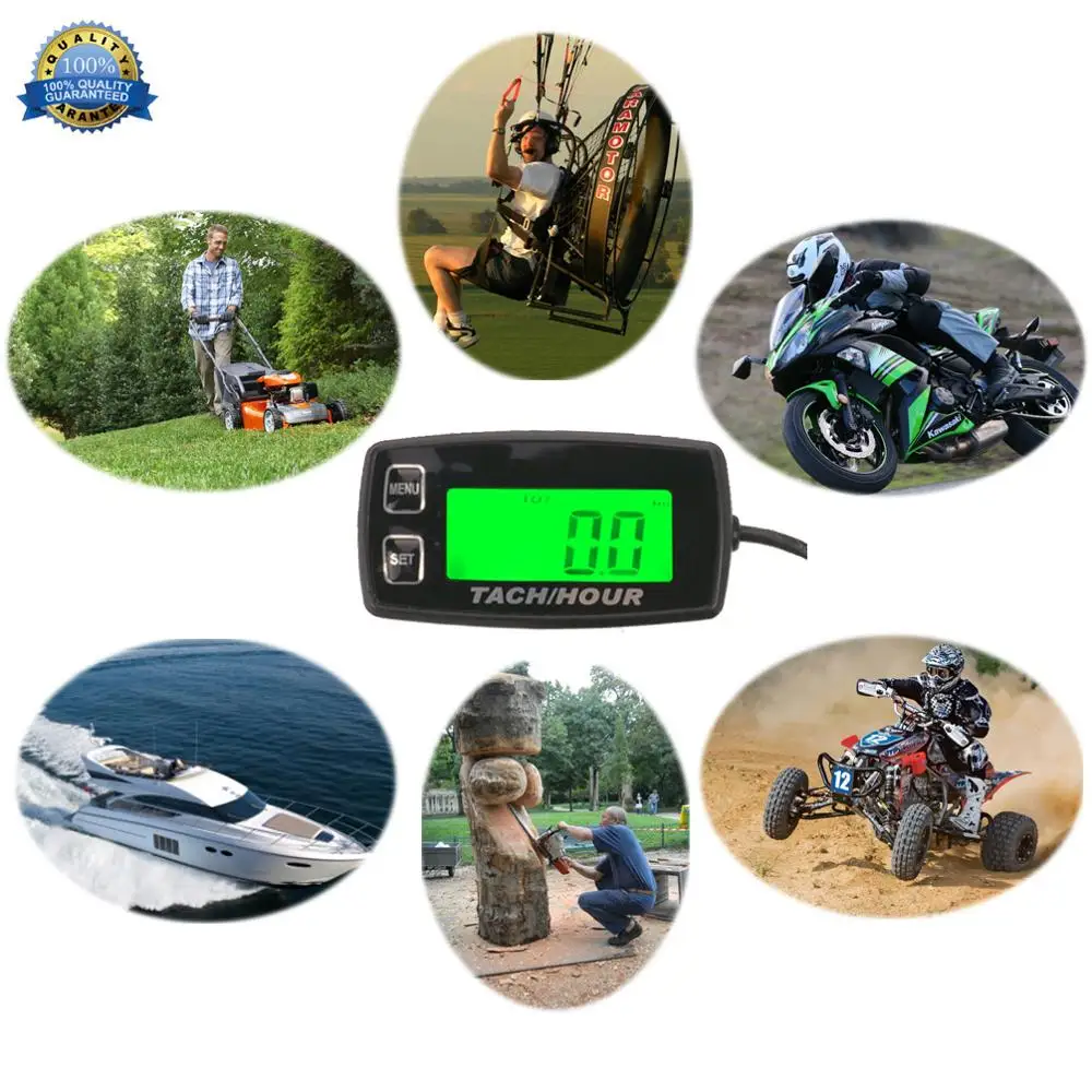 Engine Hour Meter Inductive Tachometer Gauge Backlit Digital Resettable for 2/4 Stroke Engines Motorcycle Marine Glider ATV