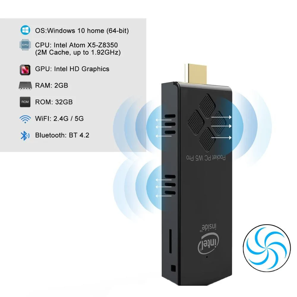 W5 Pro Windows10 Mini Pc Stick Quad Core Atom X5-Z8350 Ram 4Gb/8Gb Rom 64Gb/128Gb 2.4G & 5G Dual Band Wifi Media Player Computerpc