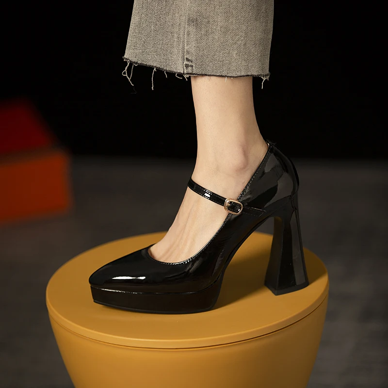 Cow Patent Leather Shoes Woman Thick Sole Platform Shoes High Heels Pumps Mary Janes Buckle Square Toe Summer Shoes Handmade